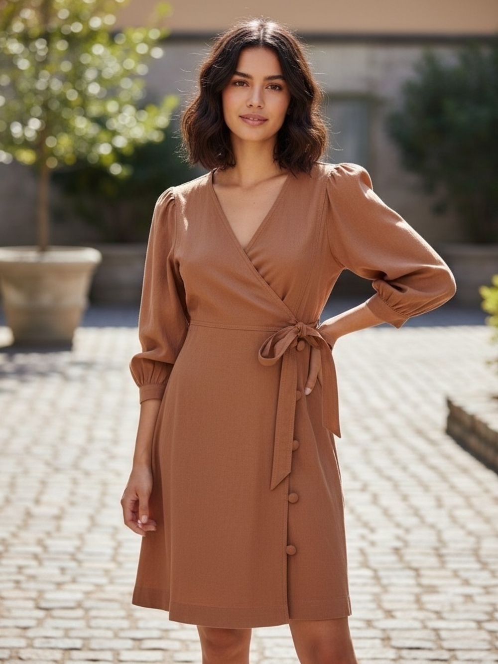 Moon River Wrap Puff Sleeve Midi Dress Tan Terracotta Medium
